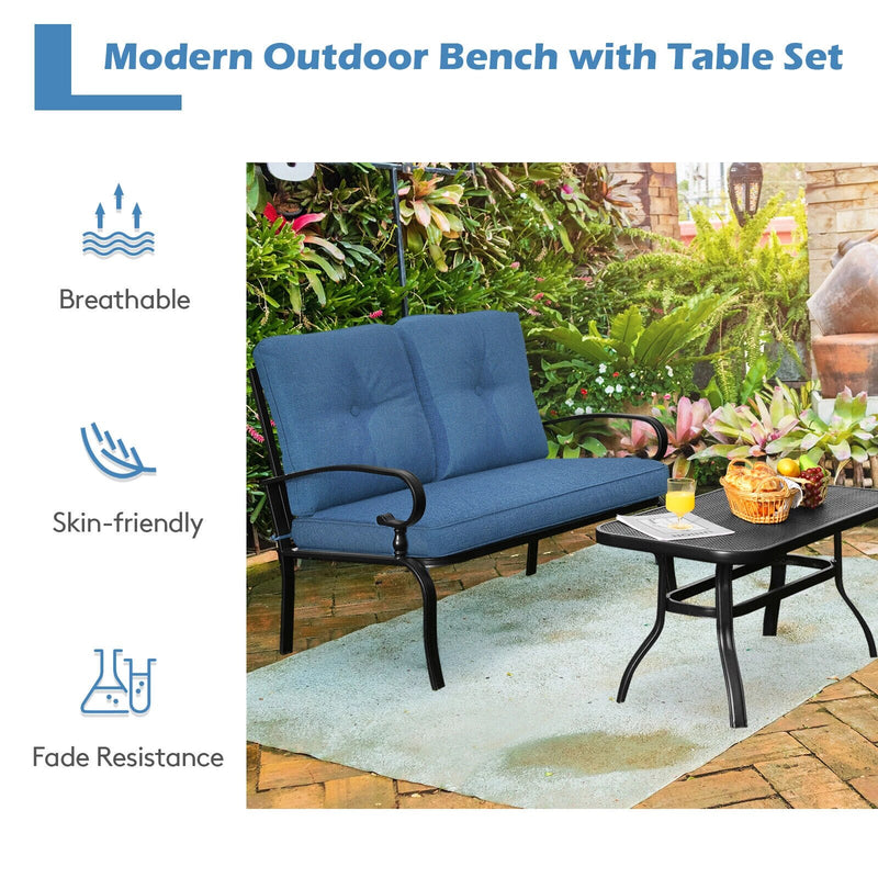 2PCS Patio Loveseat Bench Table Furniture Set Cushioned Chair Blue