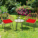 3PCS Patio Rattan Bistro Furniture Set Cushioned Chair Table Red