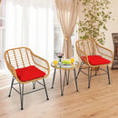 3PCS Patio Rattan Bistro Furniture Set Cushioned Chair Table Red