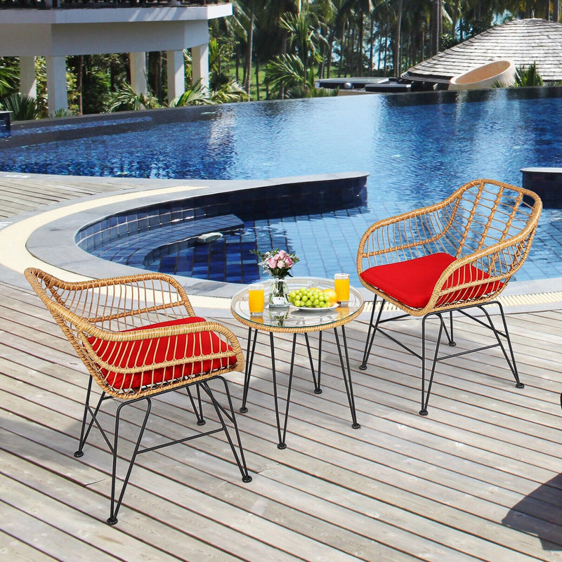 3PCS Patio Rattan Bistro Furniture Set Cushioned Chair Table Red
