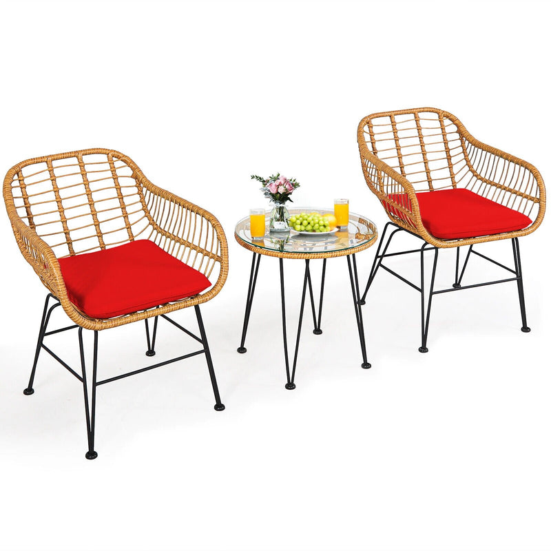 3PCS Patio Rattan Bistro Furniture Set Cushioned Chair Table Red