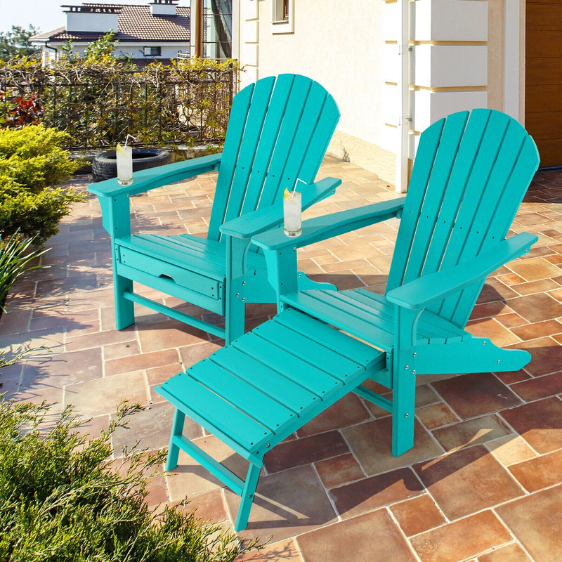 Outdoor Patio HDPE Adirondack Chair Beach Seat Retractable Ottoman Turquoise