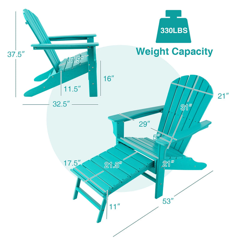 Outdoor Patio HDPE Adirondack Chair Beach Seat Retractable Ottoman Turquoise