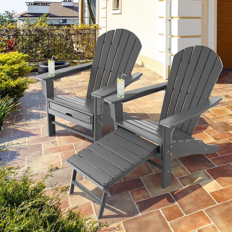 Outdoor Patio HDPE Deck Adirondack Chair Beach Seat Retractable Ottoman Grey