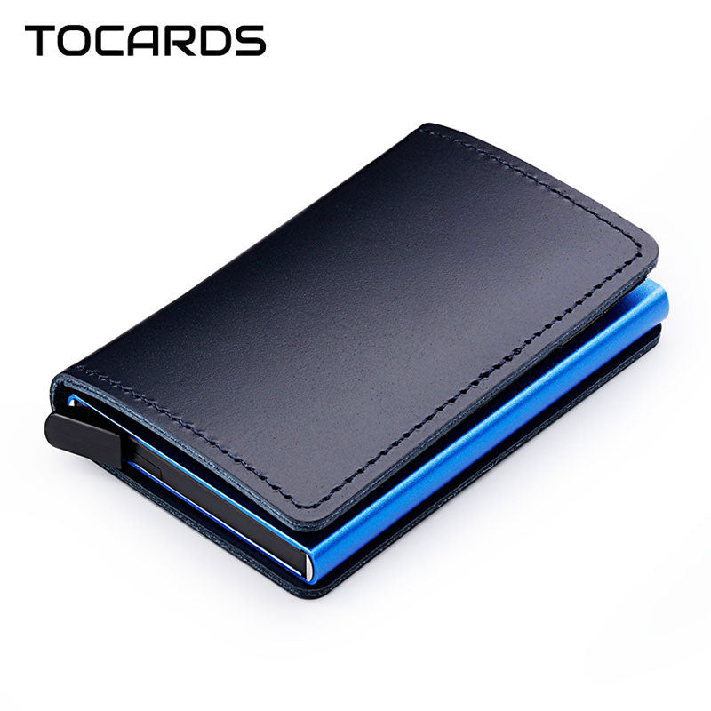 RFID Blocking 100% Genuine Leather Credit Card Holder Aluminum Metal Business ID Cardholder Slim Card Case Mini Wallet for Men