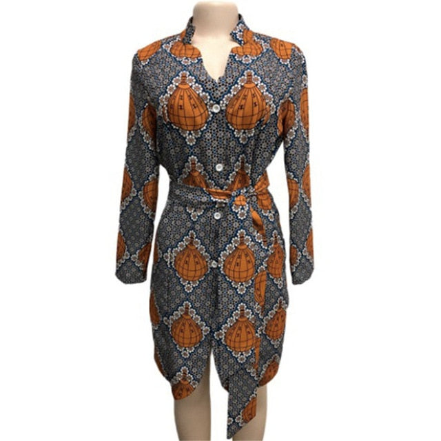 African Dress for Women V-neck Printing Waist Strap Long-sleeved Mid-length Dress
