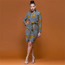 African Dress for Women V-neck Printing Waist Strap Long-sleeved Mid-length Dress