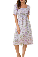Allegra K Women's Smocked Floral Square Neck Puffy Sleeve Midi Dress