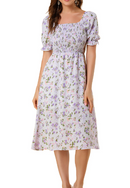 Allegra K Women's Smocked Floral Square Neck Puffy Sleeve Midi Dress
