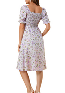 Allegra K Women's Smocked Floral Square Neck Puffy Sleeve Midi Dress