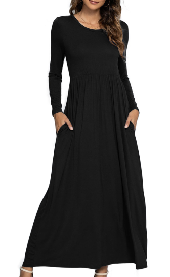 CALIPESSA Womens Fall Ruffle Tunic Solid Maxi Dress Long Sleeve Scoop Neck Black Casual A-Line Dress With Pocket