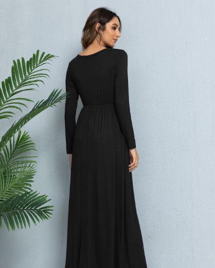 CALIPESSA Womens Fall Ruffle Tunic Solid Maxi Dress Long Sleeve Scoop Neck Black Casual A-Line Dress With Pocket