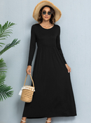 CALIPESSA Womens Fall Ruffle Tunic Solid Maxi Dress Long Sleeve Scoop Neck Black Casual A-Line Dress With Pocket
