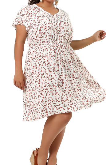 Agnes Orinda Women's Plus Size Summer V Neck Elastic Waist Casual Ditsy Floral Midi Shirt Dresses