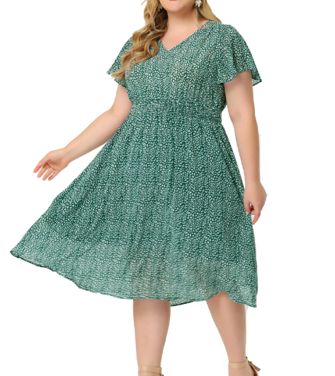 Agnes Orinda Women's Plus Size Summer Dress Ditsy Floral V Neck Smocked Waist Short Sleeve a Line Midi Dress