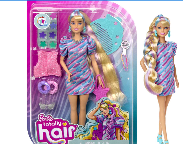 Barbie Totally Hair Star-Themed Doll, 8.5 inch Fantasy Hair, Dress, 15 Accessories, 3 & Up