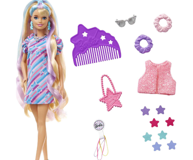 Barbie Totally Hair Star-Themed Doll, 8.5 inch Fantasy Hair, Dress, 15 Accessories, 3 & Up