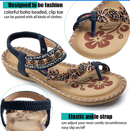 Womens Flats Sandals Summer Gladiator Bohemian Beaded Dress Shoes Comfortable Open Toe Elastic Ankle Strap Slip On Sandal