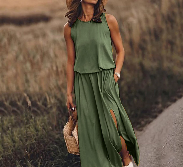 MELDVDIB Women Sleeveless Casual Pure Color Summer Swing Long Dresses Daily Party Beach Round Neck Summer Sundress Holiday, Gift on Clearance
