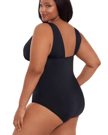 Time and Tru Women's and Women’s Plus Size Solid Black Plunge V Neck One Piece Swimsuit