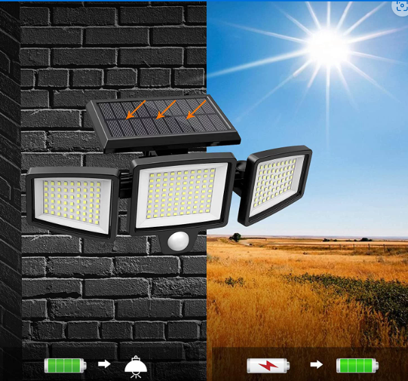 SZRSTH Solar Lights Outdoor - Waterproof Motion Sensor Security Lights with Wireless Remote Control - 2500LM 3Heads 210LED Flood Lights for Patio Garage Yard Entryways