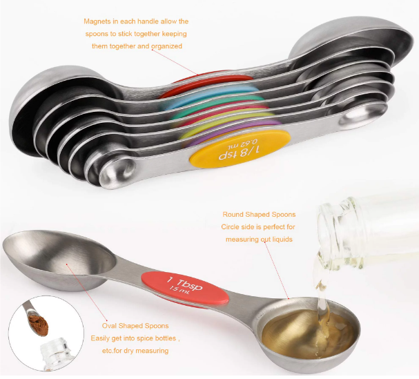 Kaprolife Ltd Magnetic Measuring Spoons Set of 8 Stainless Steel Stackable Reversible Teaspoons Spoons for Measuring Dry and Liquid Ingredients