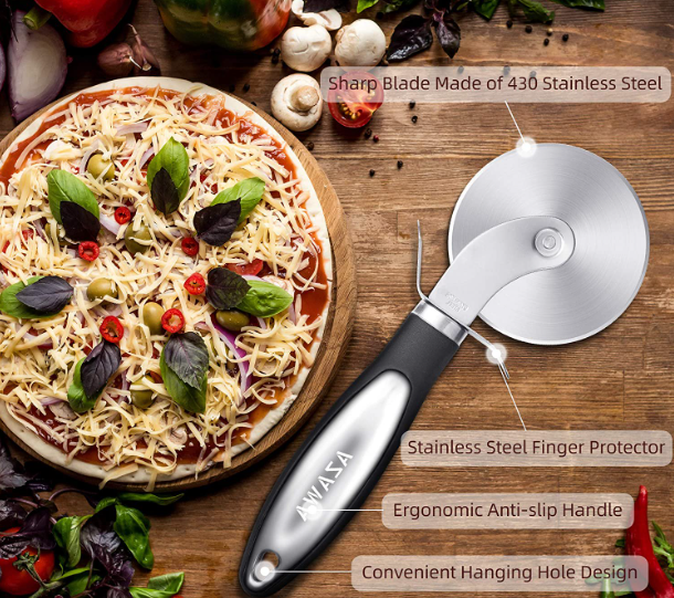 Pizza Cutter Wheel, Food Grade Stainless Steel Super Sharp Pizza Cutter, Heavy Duty Pizza Slicer Wheel Cutter with Non Slip Handle and Finger Protector