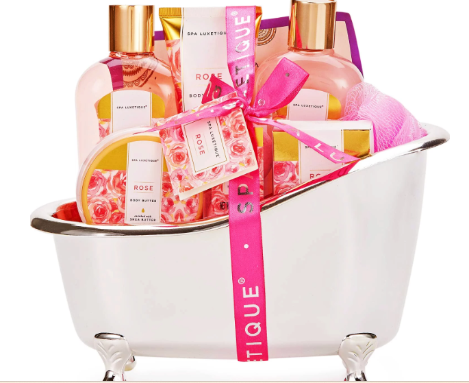 Spa Gift Baskets for Women, 9 Pcs Rose Bath Gift Kits, Holiday Valentines Body Care Gifts Set
