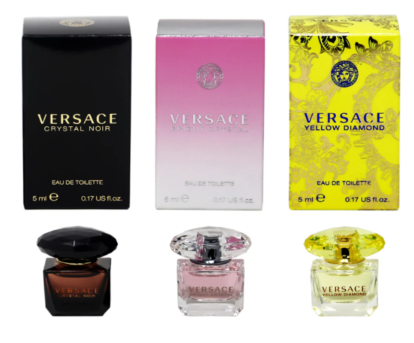 Versace Crystal Noir EDT 5ml, Bright Crystal EDT 5ml, Yellow Diamond EDT 5ml Women 3pc Mini Splash Bottle Gift Set
