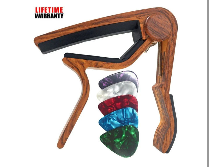 WINGO Pro Guitar Capo for Acoustic & Electric Guitars-Rosewood Color with 5 Medium Picks