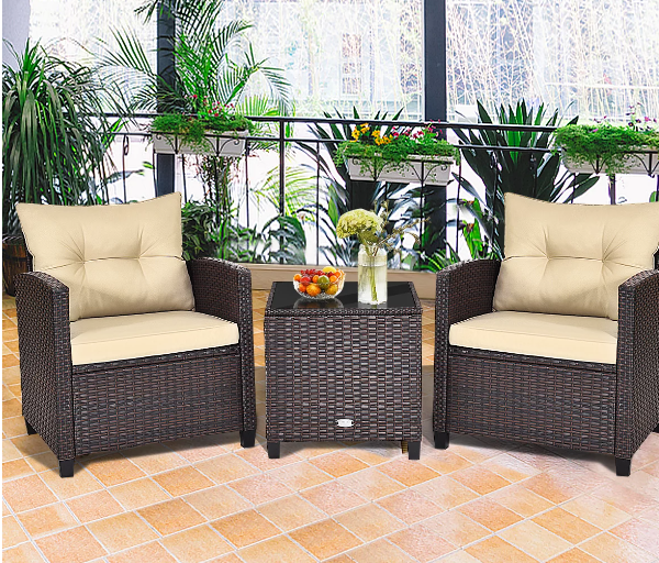 Gymax 3PCS Outdoor Patio Rattan Conversation Set w/ Cushion Coffee Table