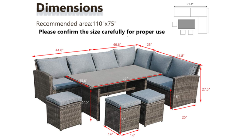 JOIVI Patio Furniture Set, 7 Pieces PE Rattan Wicker Dining Sofa Set, Outdoor Patio Furniture with Ottoman and Aluminium Table, Gray