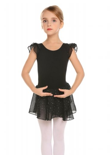 Arshiner Girls Ballet Dance Dress Leotards Ruffle Sleeve Shiny Ballet Tutu Skirted Dress for Little Girls Black 3-4 Years