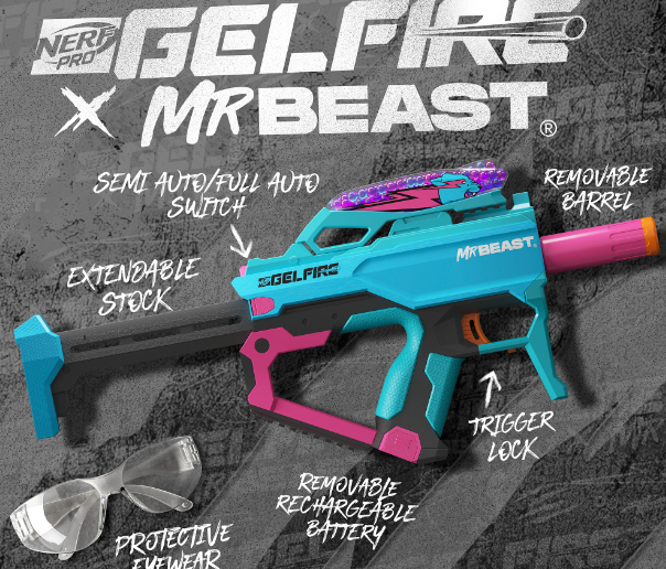 Nerf Pro Gelfire X MrBeast Blaster, 20,000 Gelfire Rounds, 300 Round Hopper, Rechargeable Battery, Eyewear