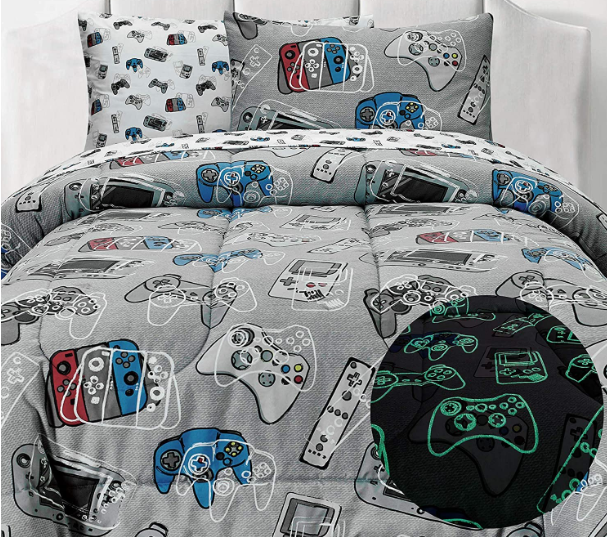 Kids Rule 5 Piece Gamer Glow in The Dark Bedding Set, Game Controllers Print, Blue, Grey - Twin