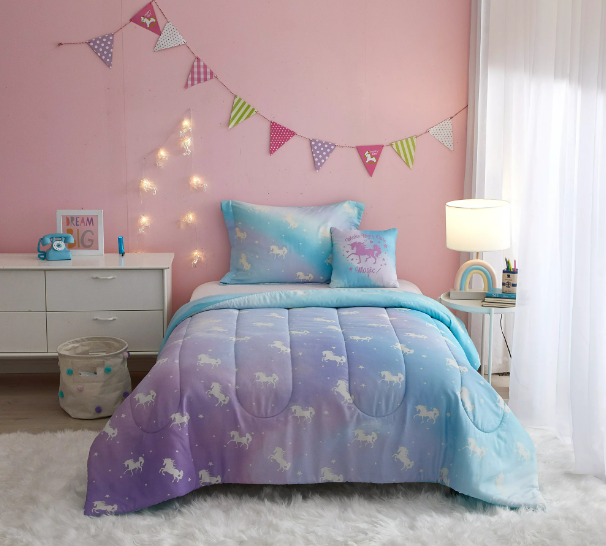 Your Zone Rainbow Unicorn 5 Piece Glow In the Dark Comforter Set with Bonus String Light, Full
