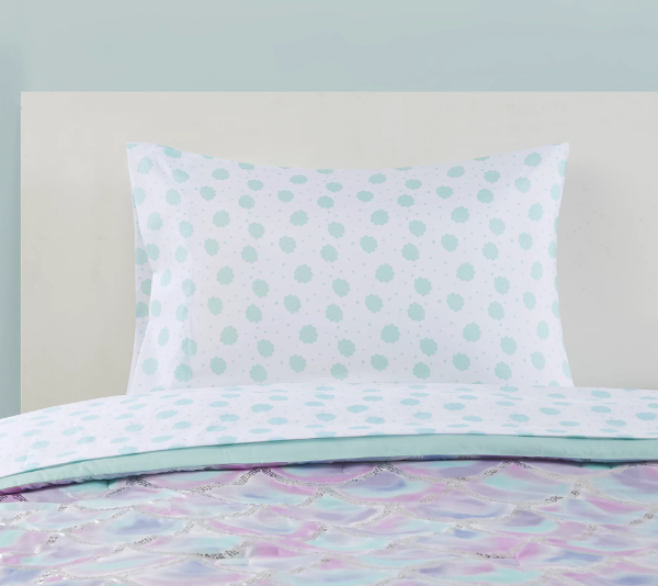 Your Zone Iridescent Seashell Lavender and Aqua Printed 6 Piece Mermaid Bed in a Bag, Twin