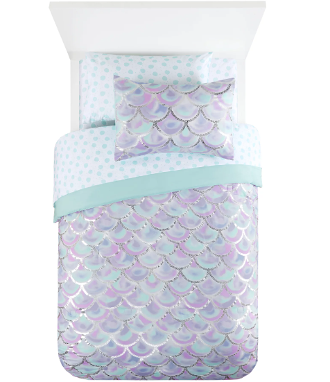 Your Zone Iridescent Seashell Lavender and Aqua Printed 6 Piece Mermaid Bed in a Bag, Twin