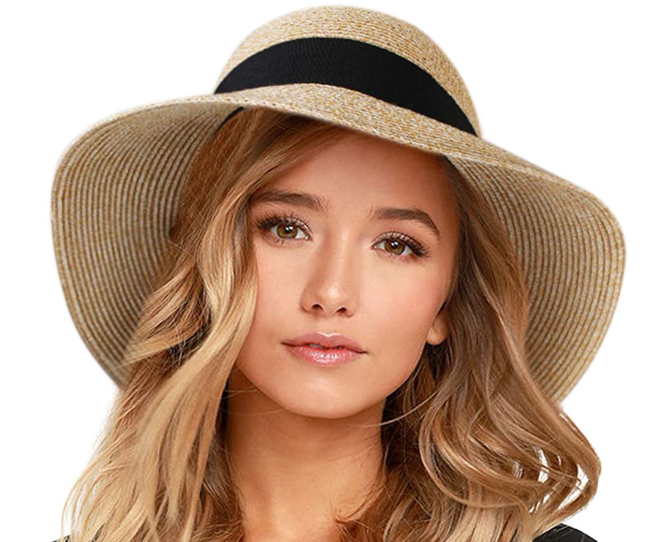 FURTALK Sun Hat for Women UV UPF50 Straw Beach Hat Foldable Brim Summer Travel Hat - Mix Beige - L
