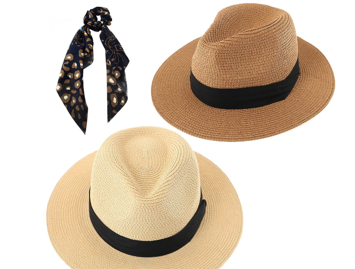 Panama Beach Hat for Women - 2 Pack Wide Brim Straw Hat for Summer Sun Beach Travel, Ivory and Tan Color