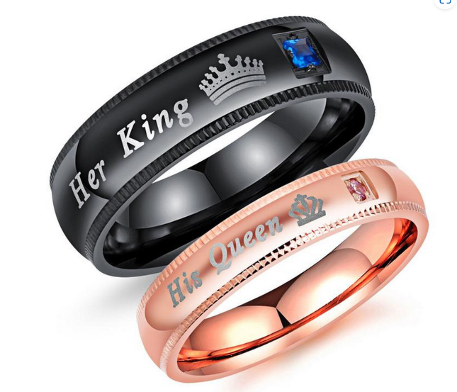Couple's Matching Ring "His Queen" or "Her King", Men's or Women's Matching Engagement Wedding Band in Stainless Steel, Comfort Fit
