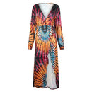 Vintage Bohemian Print Deep V Neck Long Sleeve Split Slim Maxi Dress