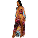 Vintage Bohemian Print Deep V Neck Long Sleeve Split Slim Maxi Dress