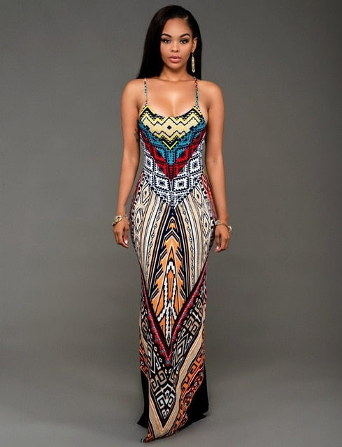 Maxi Tribal Print Long V-neck Harness Dress