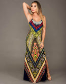 Maxi Tribal Print Long V-neck Harness Dress