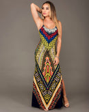 Maxi Tribal Print Long V-neck Harness Dress