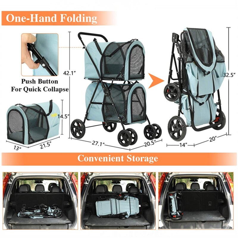 Double Pet Stroller for 2 Small Medium Dog Cat 4 Wheels Strollers Carrier