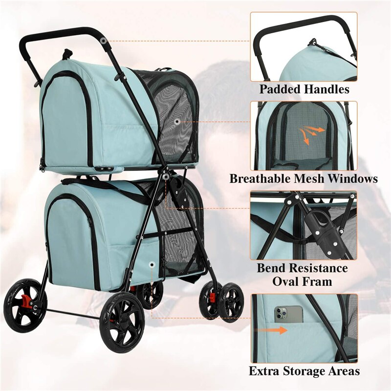 Double Pet Stroller for 2 Small Medium Dog Cat 4 Wheels Strollers Carrier