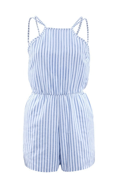Women Backless Sleeveless Slim Striped Loose Casual Short Jumpsuit