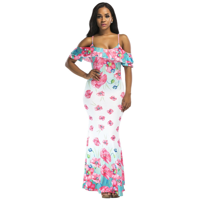 Long Dress Flower Print Beach Boho Maxi Dress Blue/Pink Elegant African Dashiki Dress